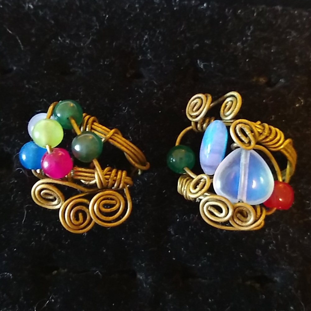 Pair of wire wrapped, beaded rings 80s
